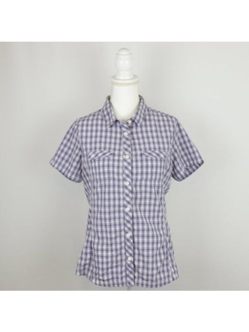 Eddie Bauer Women's Medium Purple White Plaid Short Sleeve Button Up Shirt